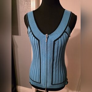 Cache Blue Ribbed Sleeveless Zip-Front Tank with Black Trim